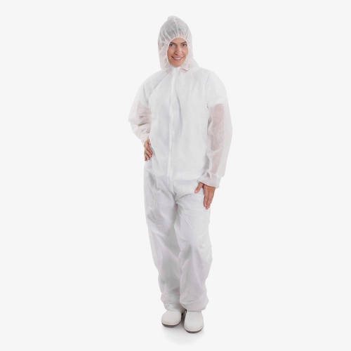 F. Bosch Coverall, Non-Woven, Full Body with Hood, Zip, Elastic Wrist, White, XL Size